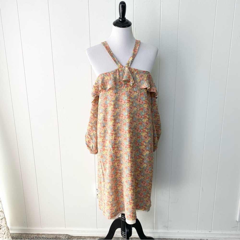 Madewell Forsythia Cold Shoulder Ruffle Sleeve Silk Floral Dress Size 16‎ *